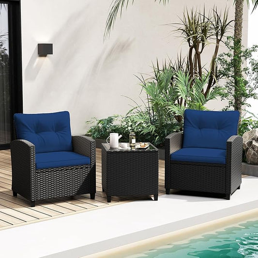 RELAX4LIFE 3-Piece Patio Furniture Set - Wicker Rattan Bistro Sofa w/Glass Top Coffee Table, Washable Cushions for Porch Balcony Backyard Poolside, Outdoor Conversation Set (Navy)