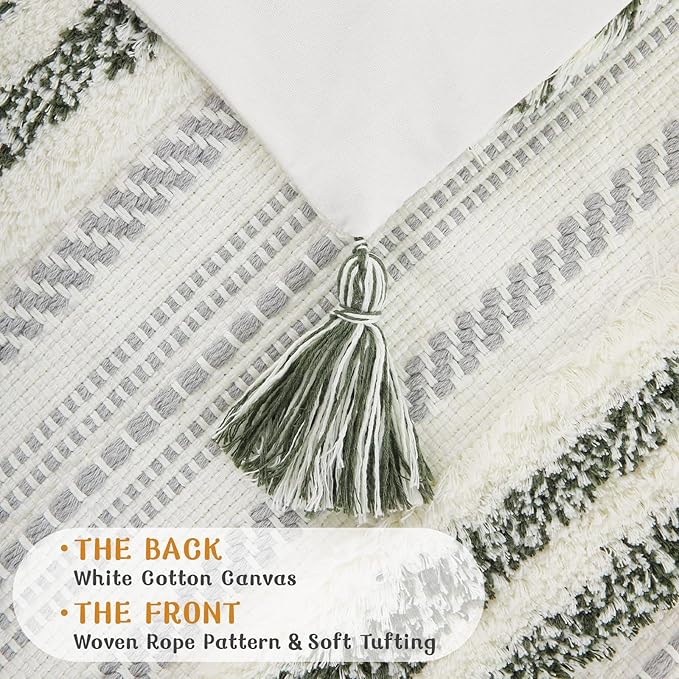 decorUhome Decorative Boho Throw Pillow Cover 20x20, Accent Neutral Textured Tufted Pillow Cover Striped for Couch Bed Sofa, Green and Cream White, Pack of 1