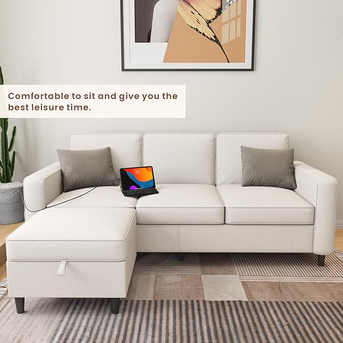 Sectional Couches for Living Room - Deep Seater Couch Living Room-Comfy L Shape Modular Sofa,with Storage Chaise-Washable Covers-Suitable for Living Rooms,Apartments,Rooms and Offices-Beige,USB