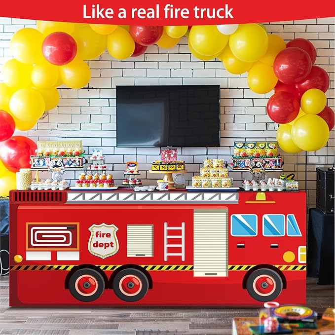 4Ft Fire Truck Birthday Party Tablecloth, Firefighter Party Decorations, Red 48" x 30" Polyester Rectangular Tablecloth for Kids Boys Firefighter Firetruck Theme Parties