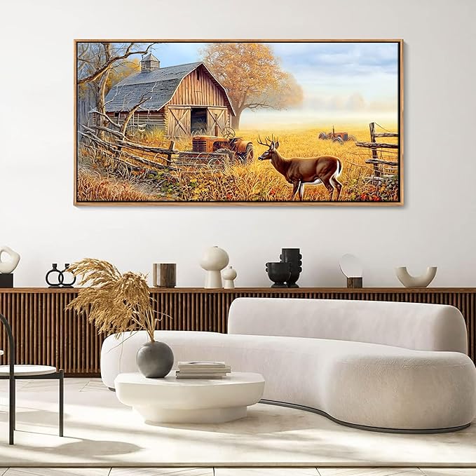 JEAWA Large Framed Wall Art - Deer Animal Art Prints Ready to Hang, Farm Canvas Painting as Gifts for Housewarming, Rustic Nature Landscape Pictures for Living Room Bedroom Home Decoration, 29x58 IN