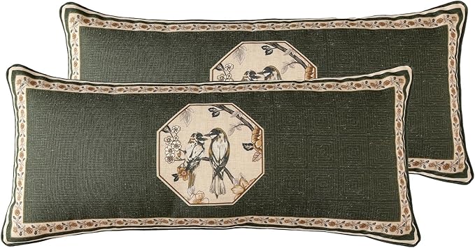 Design Linen Chinoiserie Lumbar Throw Pillow Covers 12"x28" Pack of 2, Farmhouse Cushion Covers with Yellow Floral Birds Pattern Decoration Pillowcases for Bed,Living Room,Outdoor,Car