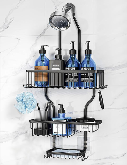 YASONIC Shower Caddy Hanging - Never Rust Shower Organizer - Aluminum over The shower head caddy with 10 Hooks for Razor/Sponge - Shower Rack with Soap Basket - Black