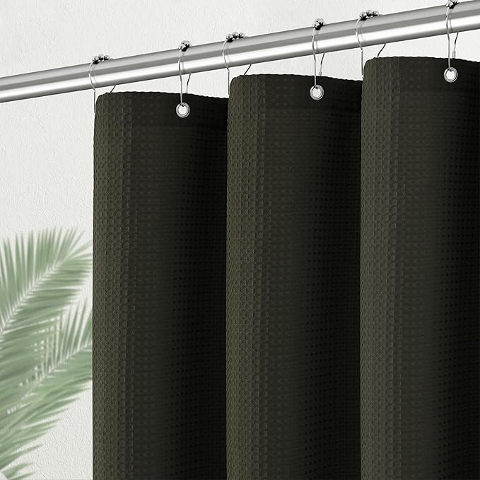 Shower Curtain Waffle Weave 36 Inches Heavy Duty Stall Fabric Shower Curtain Set for Bathroom, Waterproof Weighted 256GSM Half Size Shower Curtains with 6 Hooks, 36Wx72H Brown