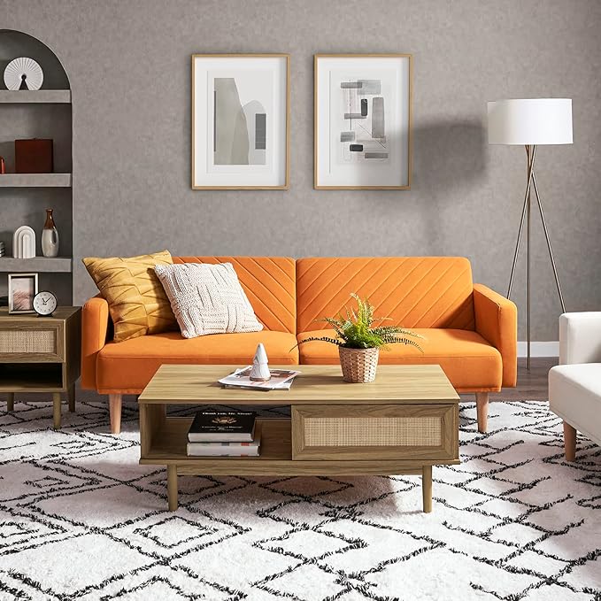 mopio 76.8" Futon Sofa Bed, Small Couch, Sleeper, Loveseat, Mid Century Modern Futon Couch, Sofa Cama, Couches for Living Room (Apricot Velvet)