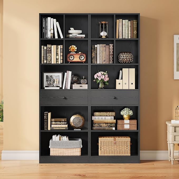 IRONCK Bookcase and Bookshelves, 70" Tall Bookshelf Floor Standing 6 Tiers Display Storage Shelves, Book Shelf with Drawers for Home Office, Living Room, Bedroom, Library, Black