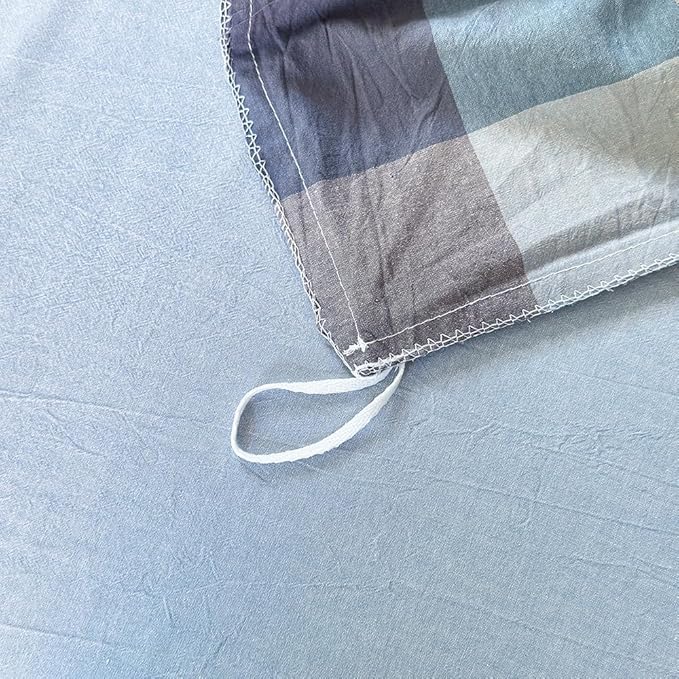 FACE TWO FACE Bedding Duvet Cover Set100% Washed Cotton Duvet Cover Linen Like Textured Breathable Durable Soft Comfy (Queen, Cardamom Blue Grid)