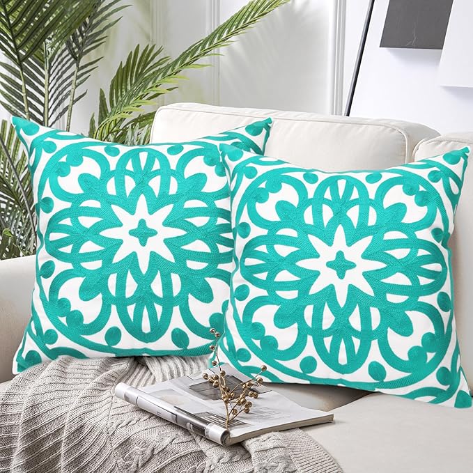 Alysheer Floral Embroidered Fall Decorative Throw Pillow Cover 18"x 18" Set of 2, Boho Mandala Embroidery Turquoise Green Patterned Cushion Case for Sofa Couch Living Room Bedroom Outdoor