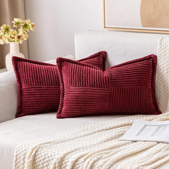MIULEE Christmas Decorative Lumbar Throw Pillow Covers for Couch Bed Livingroom 12x20 Inch Set of 2 Burgundy Boho Accent Throw Pllows Broadside Striped Patchwork Soft Corduroy Pillowcases