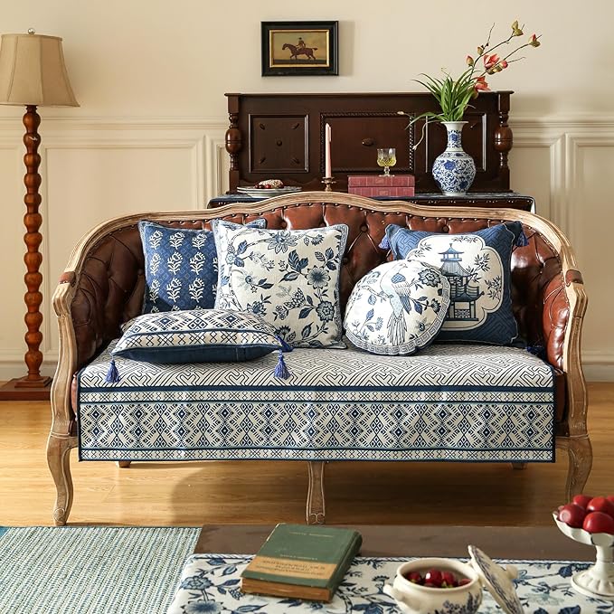 Porcelain Throw Pillow Covers Set of 4,Classic Chinoiserie Blue and White with Floral and Birds Pattern Linen Throw Pillowcases,Decorative Lumbar Square Cushion Covers for Couch Bed Car