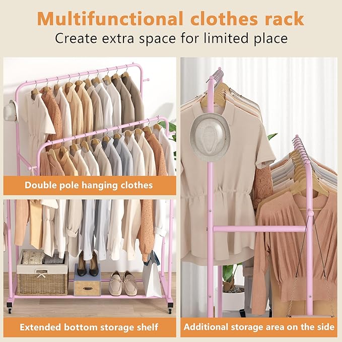 Laiensia Double Rods Garment Rack with Wheels, Clothing Rack for Hanging Clothes,4 Hooks, Multi-Functional Bedroom Clothes Rack, Pink