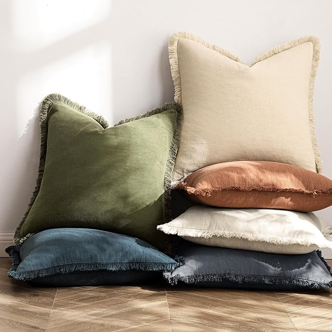 MIULEE Decorative Throw Pillow Covers Neutral Linen Fringe Throw Pillows Set of 2 Dark Grey Boho Farmhouse Cushion Covers with Tassels for Couch Sofa Bed Living Room Spring Home Decor 20x20 Inch