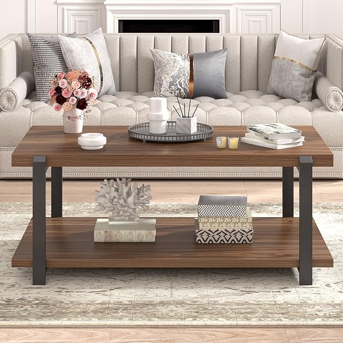 FOLUBAN Modern Coffee Table with Storage Shelf, Rustic Wood Center Table for Living Room, Walnut