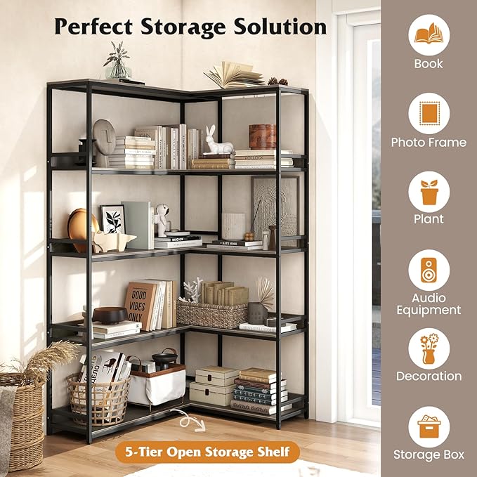 Tangkula Large Corner Bookshelf, 90 Degrees 5-Tier Industrial Wood Open Corner Bookcase for Small Spaces, Heavy-Duty Metal Frame, 71”H L-Shaped Storage Display Rack for Living Room (Oak)