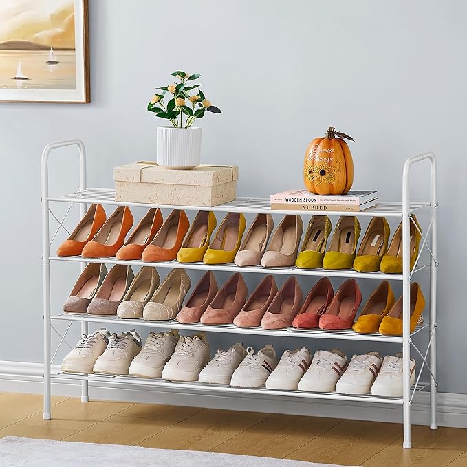 Hoctieon 4 Tier Mesh Style Shoe Rack, Entryway Shoe Shelf, Shoe Storage Organizer, Shoe Rack for Closet, Space Save for Bathroom, Garage, Hallway, Bedroom, Living Room, White