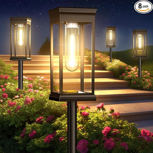 Modern Solar Pathway Lights Outdoor - 8 Pack, IP65 Waterproof Square Design for Yard Garden Lawn, 14H Runtime Dusk to Dawn Auto, Warm White LED