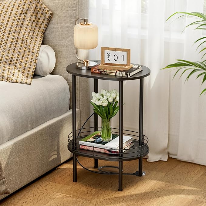 Small Round Side Table with Charging Station,Bedside Table with 2 USB Ports and Outlets, Morden Round Nightstand, Samll Side Table for Living Room,Bedroom, Nursery, Laundry, Black