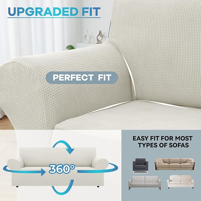 LURKA Stretch Sofa Slipcovers 1 Piece Couch Covers for 3 Cushion Couch Sofa Furniture Protector Full Sofa Covers with Elastic Bottom for Kids and Dog (Large, Ivory)