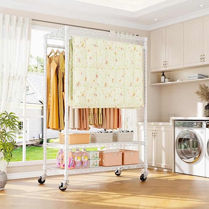 P7 Rolling Clothes Rack, Clothing Racks for Hanging Clothes, Heavy Duty Garment Rack with Wheels, 3 Tiers Freestanding Portable Closet Rack 45''W × 20.5''D × 80.5''H, Max Load 480 lbs, White