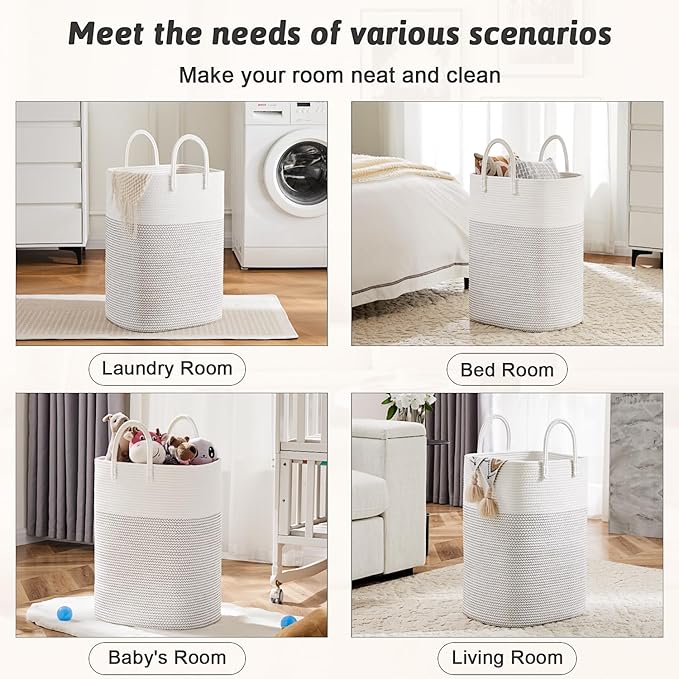 Laundry Basket,Woven Cotton Rope Laundry Hamper,Versatile Storage for Dirty Clothes,Baby Toys,and Blankets in Bathroom, Nursery,and Living Room (White, 80L)