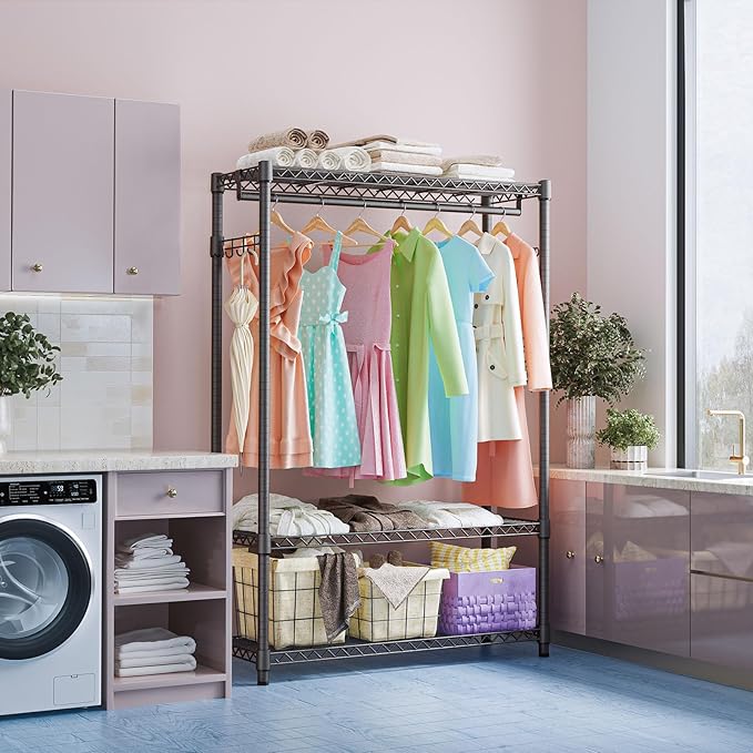 IZEUK Heavy Duty Garment Rack, Freestanding Clothing Rack for Hanging Clothes with 1 Rod, 3 Tiers & Side Hooks, Adjustable Metal Wardrobe Closet Organizer, 45.3" W x 15.7" D x 72.4" H, Dark Grey