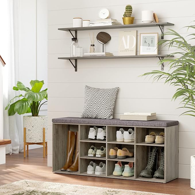 DINZI LVJ Shoe Bench, 12 Cubbies Shoe Organizer for Entryway, Storage Bench with Cushion, Cubby Shoe Rack with Adjustable Shelves for Living Room, Bedroom, Mudroom, Hallway, Gray Wash