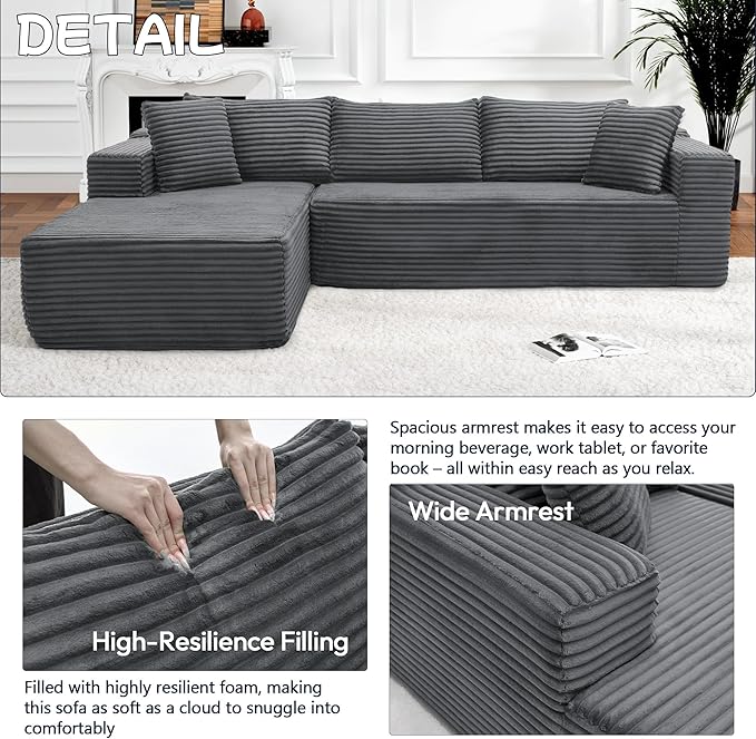 105" Cloud Sectional Couch with L-Shape Chaise,Modern Modular Sofa with Deep Seat, Fluffy Boneless Couches for Living Room Bedroom,No Assembly Required, Dark Gray (Plush Flannel Fabric)