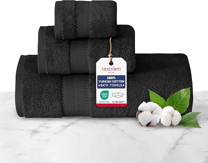 TEXTILOM 100% Turkish Cotton 3 Pcs Bath Towel Set, Luxury Bath Towels for Bathroom, Soft & Absorbent Bathroom Towels Set (1 Bathtowel, 1 Hand Towel, 1 Washcloth)- Black