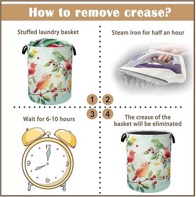 Colorful Bird Green Leaves Collapsible Laundry Baskets,Laundry Hamper,Storage Basket with Handles for Bathroom Bedroom College Dormitory Living Room Nursery Organizer 16"x20"