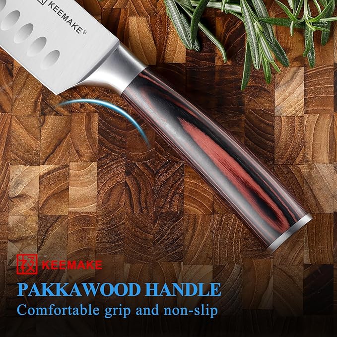 KEEMAKE Chef Santoku Knife: 7 Inch Ultra Sharp Kitchen Knife with Stainless Steel Blade Japanese Knife for Cooking Meat Fruit Vegetable, with Ergonomic Pakkawood Handle and Gift Box Included