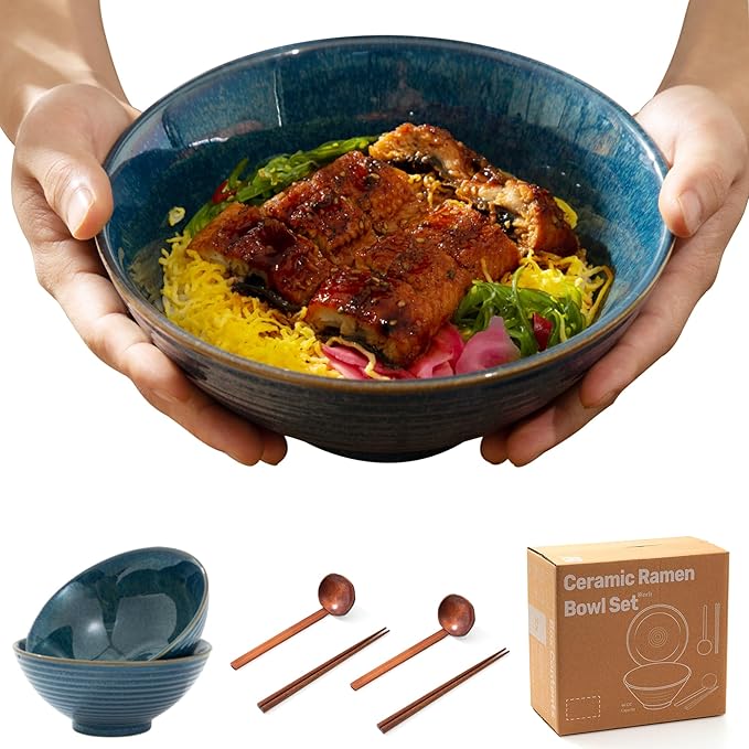 8 Inch Ceramic Ramen Bowl Set of 2, 40oz Japanese Bowls with Spoons & Chopsticks,Durable,Microwave & Dishwasher Safe,Perfect for Ramen,Pho,Salad,Soup,Noodles，Mixing bowls（Azure）