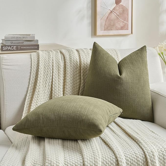 FUTEI Olive Green Decorative Throw Pillow Covers 18x18 Inch Set of 2,Soft Cozy Wheat Ear Striped Patterns Cushion Cases,Modern Home Decor for Couch Bed Living Room