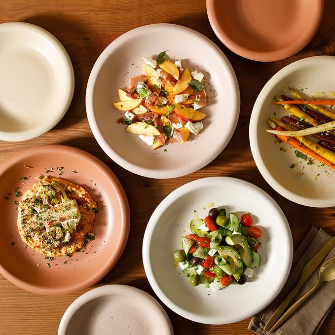 Bloomhouse Corsica Clay 16 Piece Stoneware Rustic Reactive Glaze Dinnerware Set - Stackable Plates and Bowls Set. Service for 4 - Matte Assorted Colors