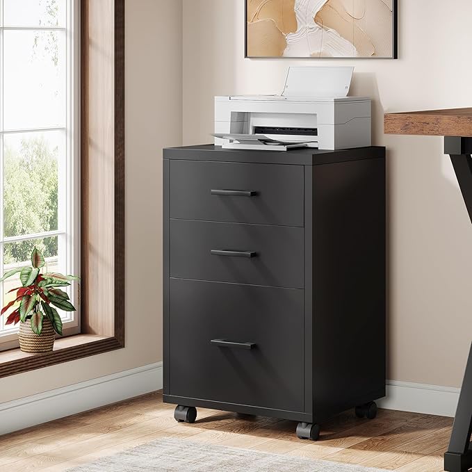 Triebsigns 3 Drawer File Cabinet, Wooden Office Filing Cabinet, Modern Rolling Printer Stand for Home Office, fits A4 or Letter Size, Under Desk, Black