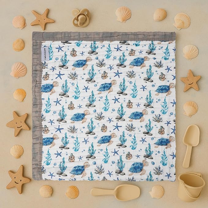 Organic Cotton Muslin Baby Blanket for Boys and Girls - Luxurious Soft Toddler Quilt for Swaddling - Gender Neutral Blankets Makes a Great Sea Turtle