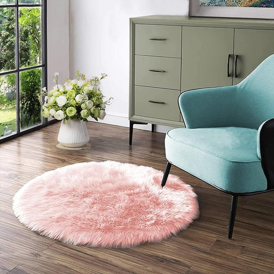 Latepis Pink Circle Round Rug 3ft Faux Fur Sheepskin Rugs for Living Room Fuzzy Rugs for Teen Girls Bedroom Teen Room Dorm Cute Rug Room Décor