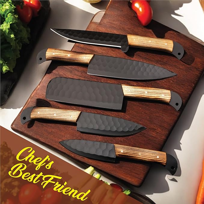 5 PCS Handmade Kitchen Chef Knife Set Hand Forged High Carbon Steel Blade Ashwood Handle With Leather Bag Kit set included (Chef, Cleaver, Butcher, Paring knife, Fillet knife, Utility Knife)