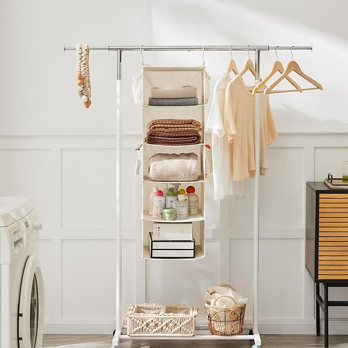 MAX Houser 5 Shelf Hanging Closet Organizer, Space Saver, Cloth Hanging Shelves with 4 Side Pockets, Foldable, Beige