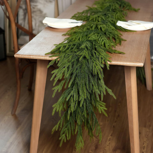 Real Touch Christmas Norfolk Pine Garland - 9ft Artificial Christmas Garland Fake Pine Needles Faux Green Garland for Fireplace,Table,Window,Stairs,Mante,Holiday Indoor Outdoor Xmas Decor(1PCS)