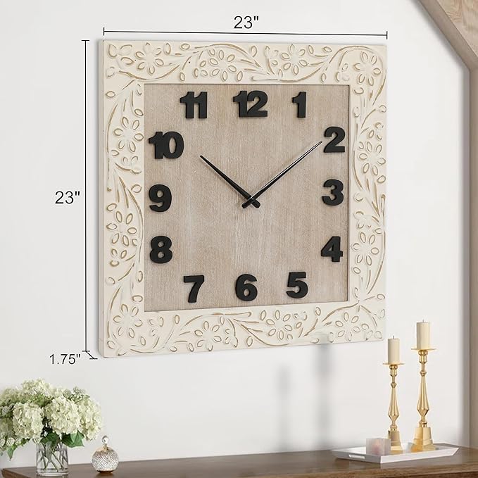 Large Wall Clock Square Living Room Decor Clocks, Numeral Wall Clocks with Battery Operated, Quartz Analog Movement Decorative Wall Clock for Office, Home, Kitchen, 24 Inch White