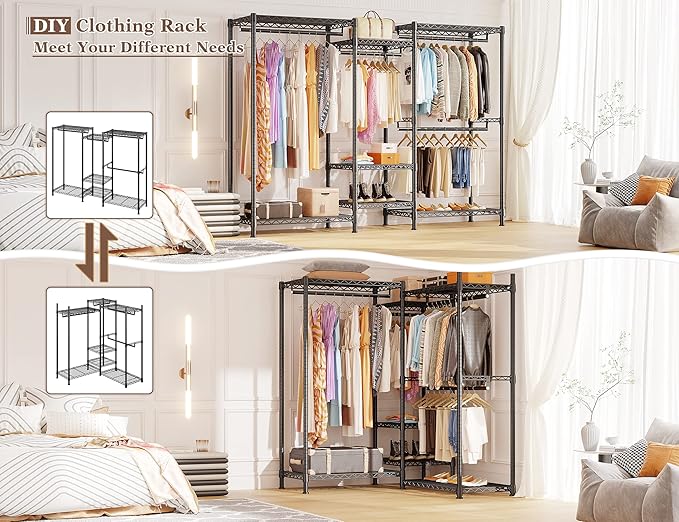 Raybee Clothes Rack Heavy Duty Clothing Racks for Hanging Clothes Adjustable Hanging Clothes Rack Garment Rack, Black, 13.9" D x 70.6" W x 77" H