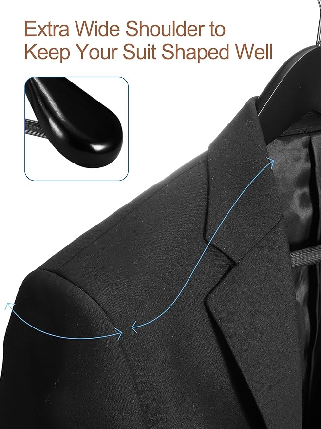 HOUSE DAY High-Grade Suit Hangers, Wide Shoulder Wooden Hangers with Non Slip Pants Bar, Smooth Finish 360° Swivel Hook Solid Wood Coat Hangers for Dress, Jacket, Heavy Clothes Hanger 6 Pack (Black)