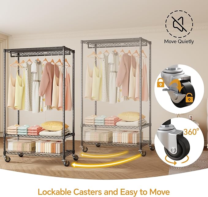 H4 Heavy Duty Clothes Rack with Cover, Rolling Garment Rack, Wardrobe with Cover and Wheels, Closet Organizer Shelf, Portable Closet Organizer and Storage, Black Clothing Rack with Grey Cover