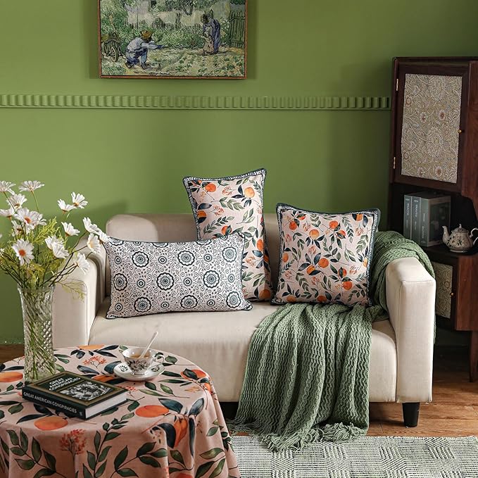 patdrea Designer Throw Pillow Covers Set of 2,Square Green Vintage Rustic Linen with Oranges Harvest Pattern Pillow Cover,Decorative Pillowcases Cushion for Bed Living Room Outdoor Car,18"x18"