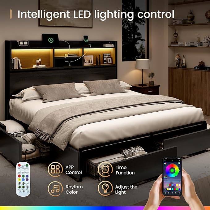 Queen Storage Bed Frame with 6 Drawers, USB Charging Station, No Noise, No Box Spring Required, Vintage Black Headboard Platform Bed