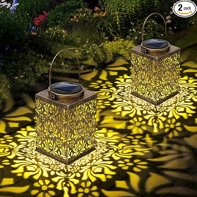 2 Pack Bronze Solar Lanterns - Waterproof Metal Hanging Solar Lights Outdoor Decorative, Solar Powered LED Lamp for Patio Tabletop Porch Deck Yard Garden Decor for Outside (Rose)
