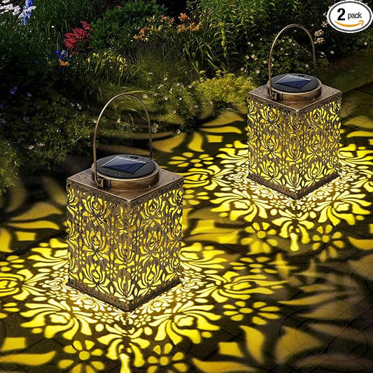 2 Pack Bronze Solar Lanterns - Waterproof Metal Hanging Solar Lights Outdoor Decorative, Solar Powered LED Lamp for Patio Tabletop Porch Deck Yard Garden Decor for Outside (Rose)