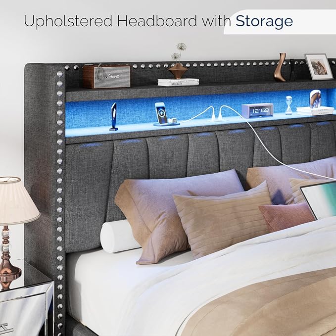 Full Size Bed Frame with Storage Headboard and Drawers Modern Rivets Upholstered Bed Frame with LED Charging Station Full Bedframe No Box Spring Needed