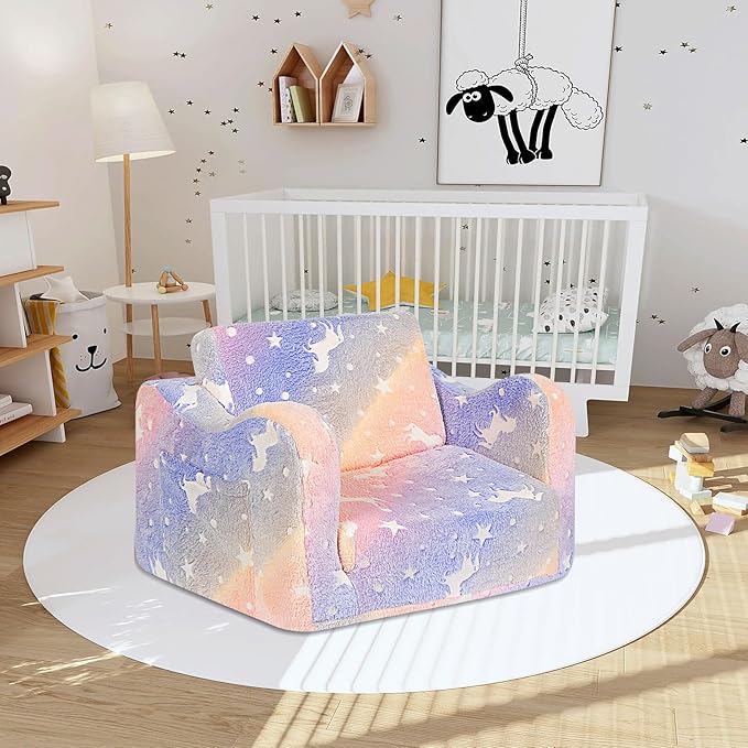 Kids Couch for Toddlers, 2-in-1 Kids Sofa Chair Glow in The Dark, Comfy Soft Foldable Toddler Couch Chair for Girls and Boys