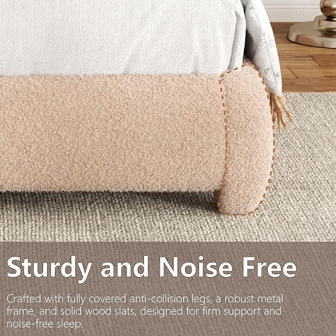 King Size Bed Frame with Headboard Adjustable, Boucle Upholstered Platform King Bed Frame, Anti-Collision Soft Rounded Corners, No Box Spring Needed, Noise-Free, Easy Assembly, Brown